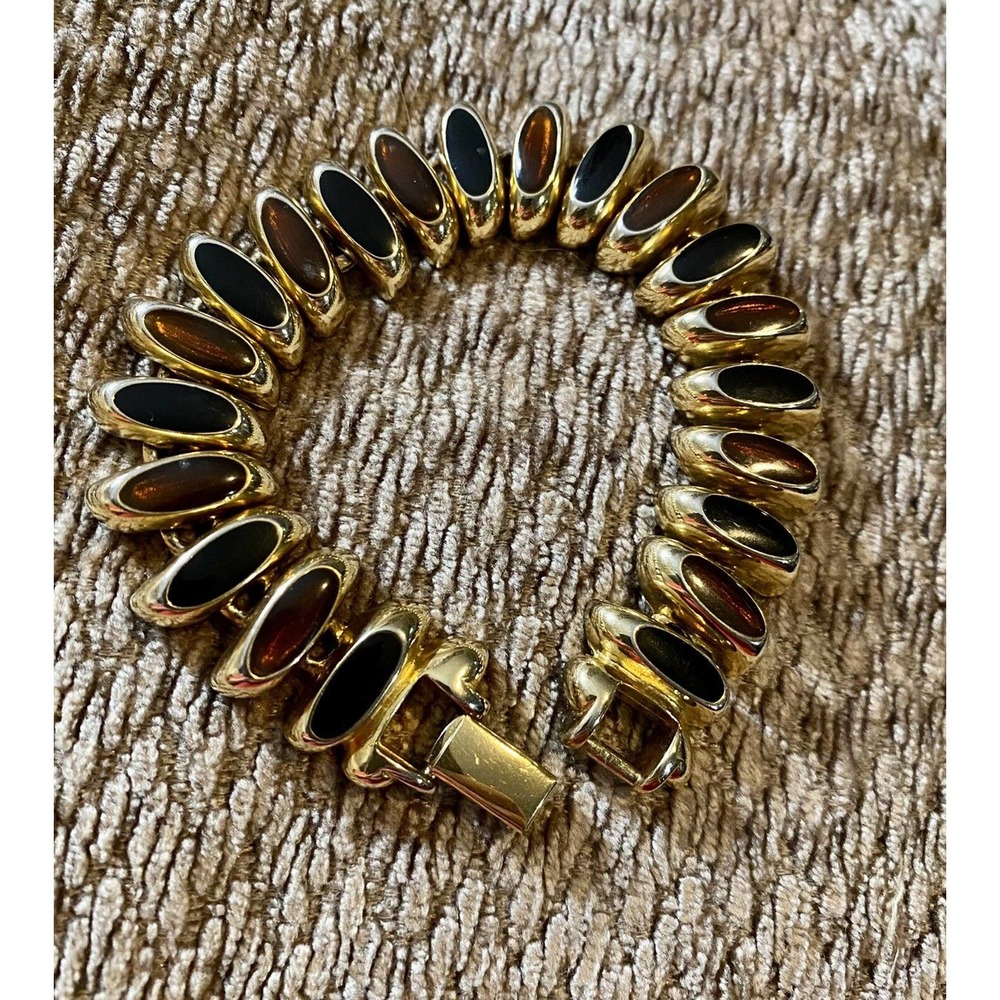 Vintage Erwin Pearl 1980s Black Amber Enamel Gold Tone Link Bracelet 7”